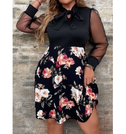 L-4XL Plus Size Mesh Sleeve Midi Dress Women Curvy Summer 2023 Star Floral Print Clothing A Line Bow Knot Elegant Party Dress...