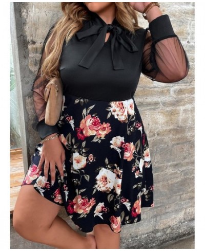 L-4XL Plus Size Mesh Sleeve Midi Dress Women Curvy Summer 2023 Star Floral Print Clothing A Line Bow Knot Elegant Party Dress...