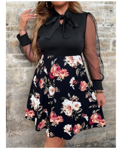 L-4XL Plus Size Mesh Sleeve Midi Dress Women Curvy Summer 2023 Star Floral Print Clothing A Line Bow Knot Elegant Party Dress...