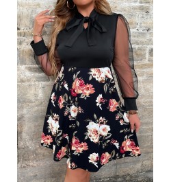 L-4XL Plus Size Mesh Sleeve Midi Dress Women Curvy Summer 2023 Star Floral Print Clothing A Line Bow Knot Elegant Party Dress...