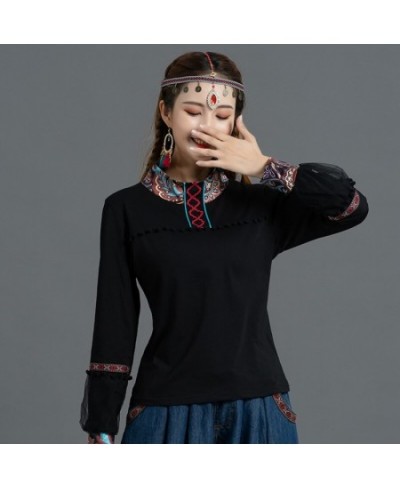 Spring Ethnic Style Women Blouse Fashion Wild Lantern Sleeve T-shirt Chinese Harajuku High Collar Print Hanfu Slim Vintage To...