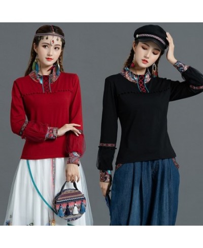 Spring Ethnic Style Women Blouse Fashion Wild Lantern Sleeve T-shirt Chinese Harajuku High Collar Print Hanfu Slim Vintage To...