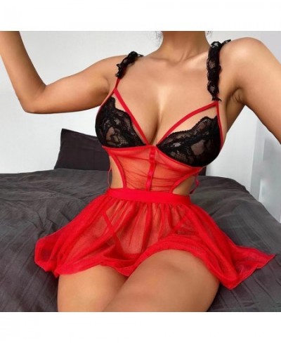 Erotic Transparent Babydolls Dress With Thongs Womens Lingerie Cut Out Lace See Through Underwear Dress G-string Lenceria $22...