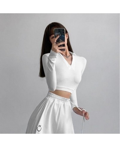 Streetwear Fashion Y2K Polo Shirts Women Spring Autumn New Slim V-neck Tshirt Feminina Sexy Long Sleeve Crop Tops $25.82 - To...