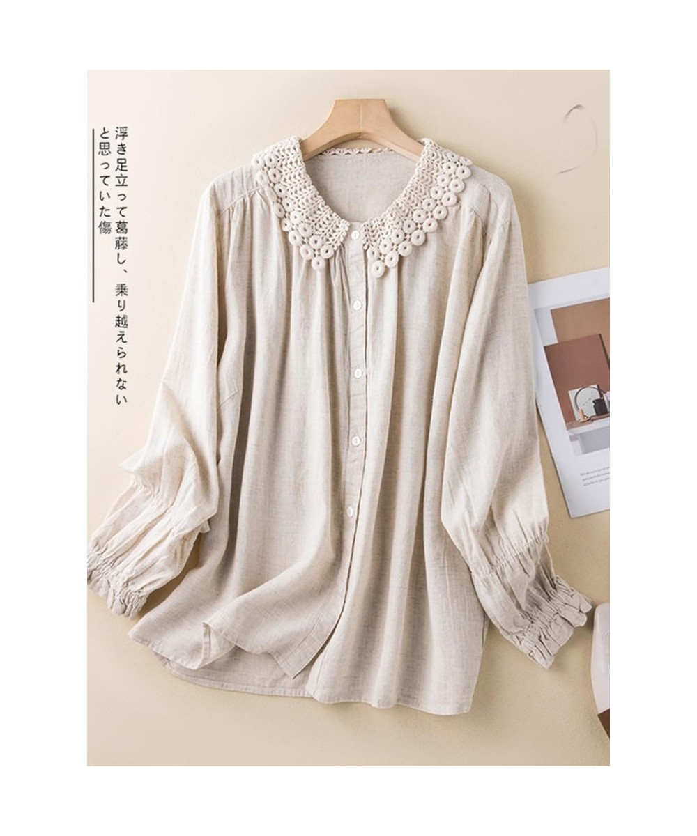 Women Long Sleeve Casual Shirts 2023 Spring Vintage Style Lace Turn-down Collar Loose Female Cotton Linen Tops B2234 $39.66 -...