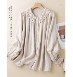 Women Long Sleeve Casual Shirts 2023 Spring Vintage Style Lace Turn-down Collar Loose Female Cotton Linen Tops B2234 $39.66 -...