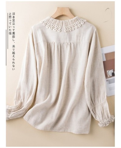 Women Long Sleeve Casual Shirts 2023 Spring Vintage Style Lace Turn-down Collar Loose Female Cotton Linen Tops B2234 $39.66 -...