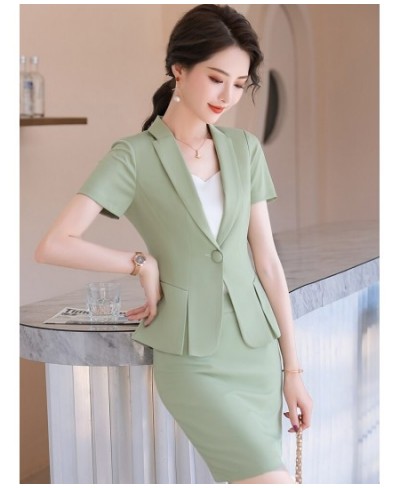 Novelty Green Summer Short Sleeve Formal Women Business Suits with Skirt and Tops Ladies Office Work Wear Professional Blazer...