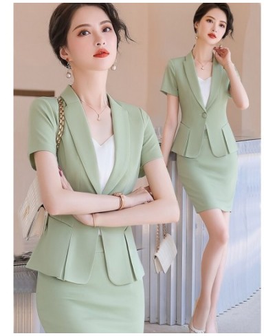 Novelty Green Summer Short Sleeve Formal Women Business Suits with Skirt and Tops Ladies Office Work Wear Professional Blazer...