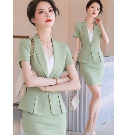 Novelty Green Summer Short Sleeve Formal Women Business Suits with Skirt and Tops Ladies Office Work Wear Professional Blazer...