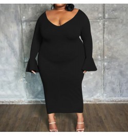 Simplicity Women's Clothing Deep V-Neck Solid Color Flare Long Sleeve Dress Autumn Fashion Casual Plus Size Slim Midi Dresses...