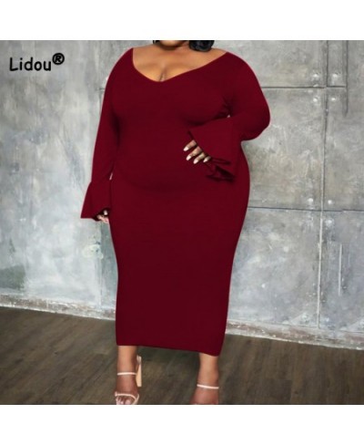 Simplicity Women's Clothing Deep V-Neck Solid Color Flare Long Sleeve Dress Autumn Fashion Casual Plus Size Slim Midi Dresses...