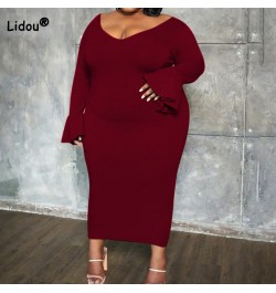 Simplicity Women's Clothing Deep V-Neck Solid Color Flare Long Sleeve Dress Autumn Fashion Casual Plus Size Slim Midi Dresses...