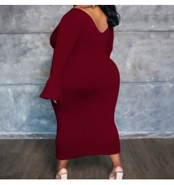 Simplicity Women's Clothing Deep V-Neck Solid Color Flare Long Sleeve Dress Autumn Fashion Casual Plus Size Slim Midi Dresses...