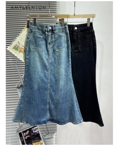 Early Spring 2023 New Vintage Denim Skirt Women's All-matching Mid-Length Design Elastic Slimming Slim Fit Fishtail Skirt $64...