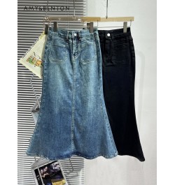 Early Spring 2023 New Vintage Denim Skirt Women's All-matching Mid-Length Design Elastic Slimming Slim Fit Fishtail Skirt $64...