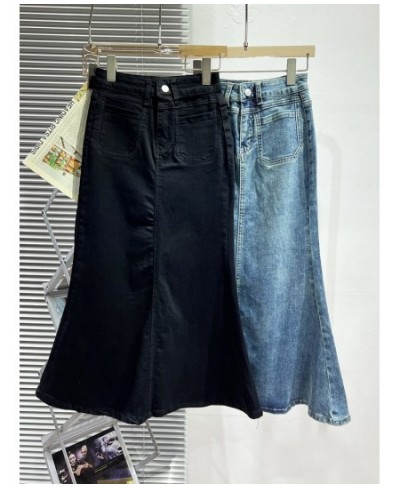 Early Spring 2023 New Vintage Denim Skirt Women's All-matching Mid-Length Design Elastic Slimming Slim Fit Fishtail Skirt $64...