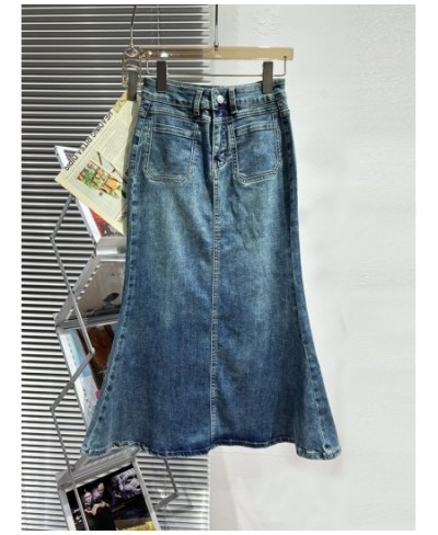 Early Spring 2023 New Vintage Denim Skirt Women's All-matching Mid-Length Design Elastic Slimming Slim Fit Fishtail Skirt $64...