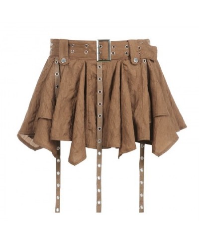 Vintage Grunge Mini Skirt for Women Irregular Hem Ribbon Patchwork Punk Low Waist Belt Brown Short Skirt Y2k Streetwear $45.7...