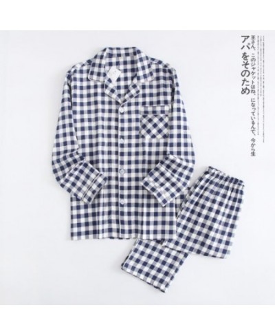 Japanese new couple pajamas long-sleeved trousers two-piece 100% cotton gauze simple plaid home service suit for men and wome...