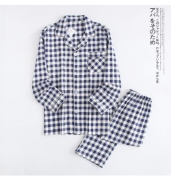 Japanese new couple pajamas long-sleeved trousers two-piece 100% cotton gauze simple plaid home service suit for men and wome...