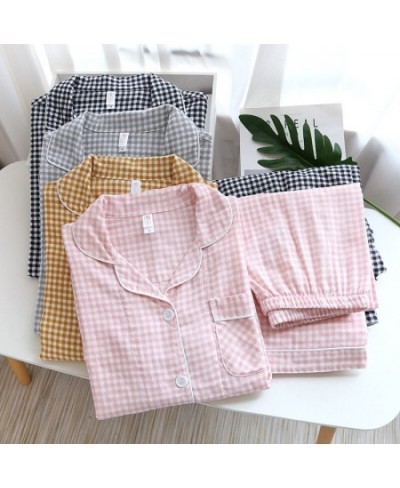 Japanese new couple pajamas long-sleeved trousers two-piece 100% cotton gauze simple plaid home service suit for men and wome...