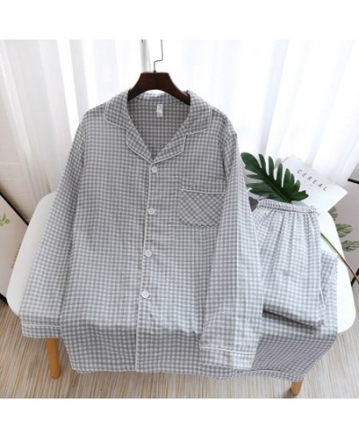 Japanese new couple pajamas long-sleeved trousers two-piece 100% cotton gauze simple plaid home service suit for men and wome...