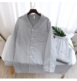 Japanese new couple pajamas long-sleeved trousers two-piece 100% cotton gauze simple plaid home service suit for men and wome...