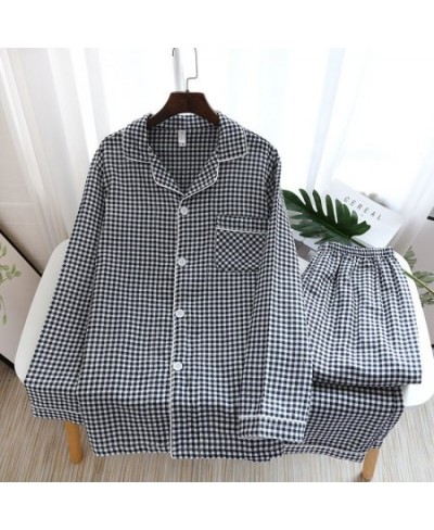 Japanese new couple pajamas long-sleeved trousers two-piece 100% cotton gauze simple plaid home service suit for men and wome...