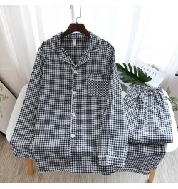 Japanese new couple pajamas long-sleeved trousers two-piece 100% cotton gauze simple plaid home service suit for men and wome...