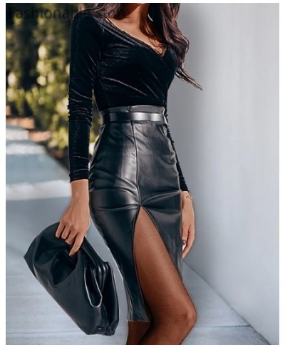 2023 Midi Split PU Leather Skirt Sexy Bodycon Fashion Party Ladies Pencil Skirts no Belt $33.97 - Skirts