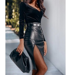 2023 Midi Split PU Leather Skirt Sexy Bodycon Fashion Party Ladies Pencil Skirts no Belt $33.97 - Skirts