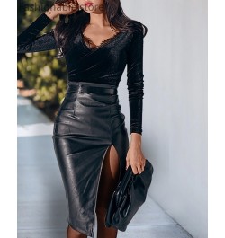 2023 Midi Split PU Leather Skirt Sexy Bodycon Fashion Party Ladies Pencil Skirts no Belt $33.97 - Skirts