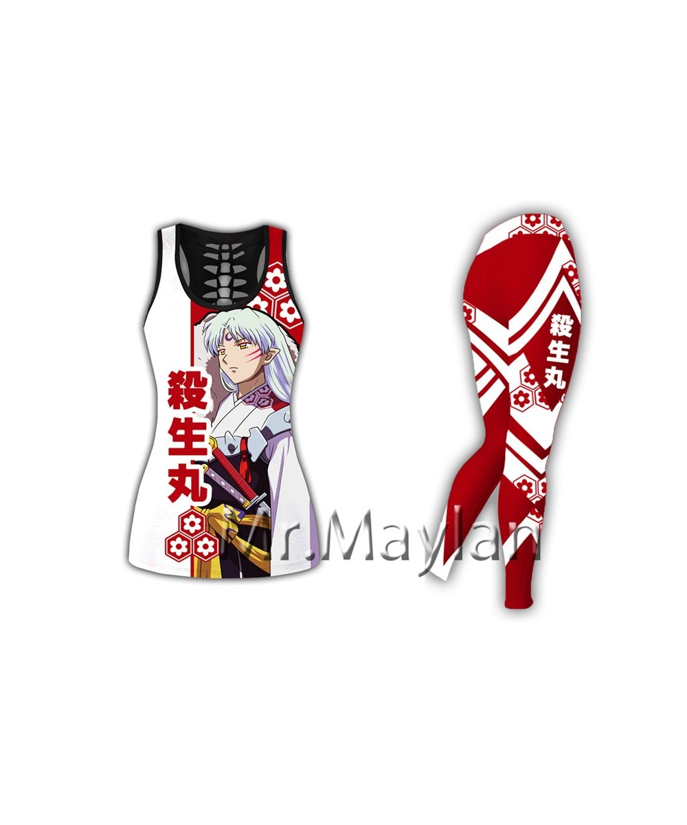 Sexy Hollow tanktops & Leggings Japan Anime Inuyasha Sesshoumaru 3D Print Women vest Girls Hipster Red Black Set Drop ship $6...