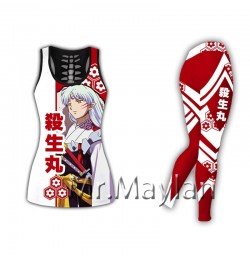 Sexy Hollow tanktops & Leggings Japan Anime Inuyasha Sesshoumaru 3D Print Women vest Girls Hipster Red Black Set Drop ship $6...