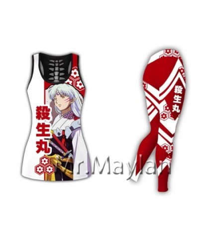 Sexy Hollow tanktops & Leggings Japan Anime Inuyasha Sesshoumaru 3D Print Women vest Girls Hipster Red Black Set Drop ship $6...