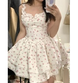 Summer Lace Kawaii Dress Women Vintage Sleeveless Elegant Sweet Mini Dress Female Floral Print Korean Designer Strap Dress 20...