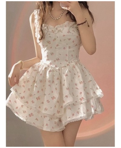 Summer Lace Kawaii Dress Women Vintage Sleeveless Elegant Sweet Mini Dress Female Floral Print Korean Designer Strap Dress 20...