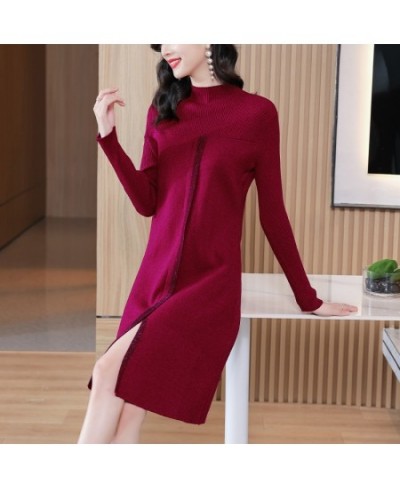 2022 Autumn Women Dress Warm Knitting Sweater Half High Collar Pullover Plaid Striped Patchwork Oversize Slim Female Vestidos...