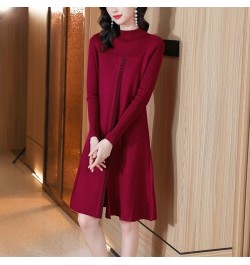 2022 Autumn Women Dress Warm Knitting Sweater Half High Collar Pullover Plaid Striped Patchwork Oversize Slim Female Vestidos...