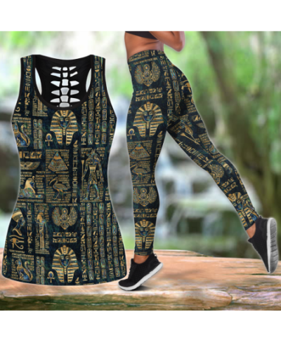 Egyptian Hieroglyphs & Deities 3D Printed Hollow Tank Top & Leggings Set Fitness Female Full Length Leggings Yoga Pants LKB-1...