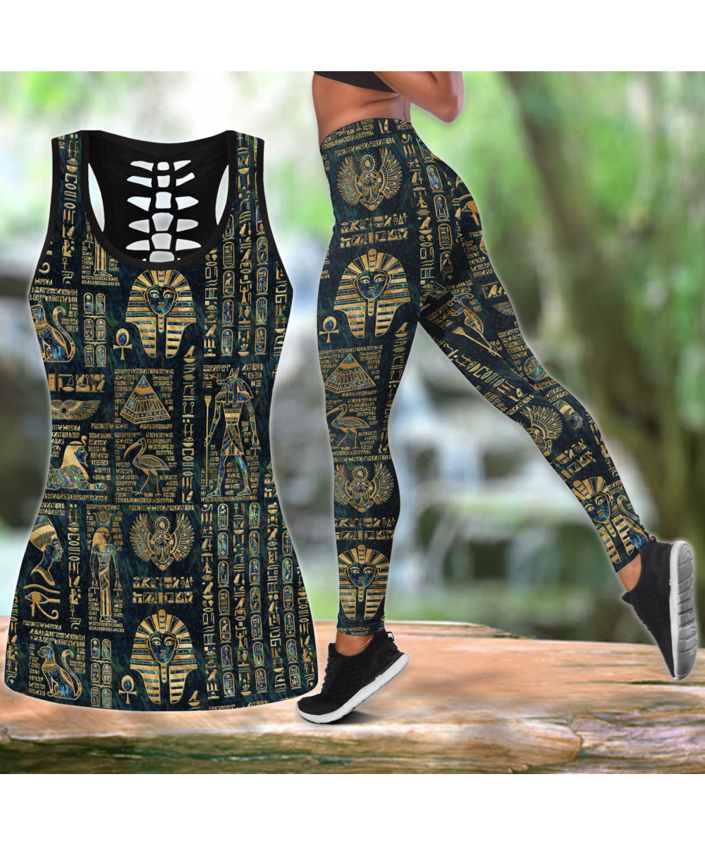 Egyptian Hieroglyphs & Deities 3D Printed Hollow Tank Top & Leggings Set Fitness Female Full Length Leggings Yoga Pants LKB-1...