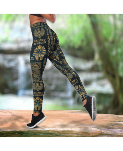 Egyptian Hieroglyphs & Deities 3D Printed Hollow Tank Top & Leggings Set Fitness Female Full Length Leggings Yoga Pants LKB-1...