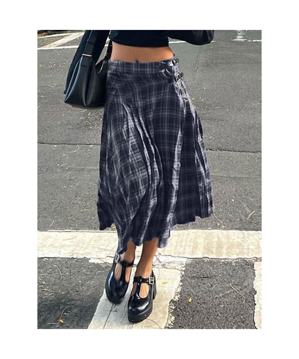 Classical Stripe Plaid A Line Long Skirts For Women Y2K Streetwear Buckle Low Waist Vintage Kawaii Skirt Korean Fashion $46.7...