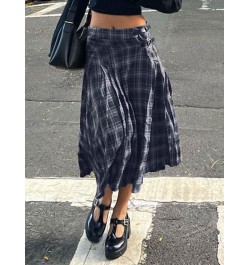 Classical Stripe Plaid A Line Long Skirts For Women Y2K Streetwear Buckle Low Waist Vintage Kawaii Skirt Korean Fashion $46.7...