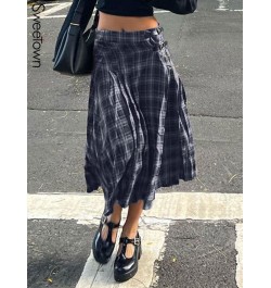 Classical Stripe Plaid A Line Long Skirts For Women Y2K Streetwear Buckle Low Waist Vintage Kawaii Skirt Korean Fashion $46.7...