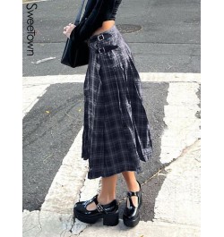 Classical Stripe Plaid A Line Long Skirts For Women Y2K Streetwear Buckle Low Waist Vintage Kawaii Skirt Korean Fashion $46.7...