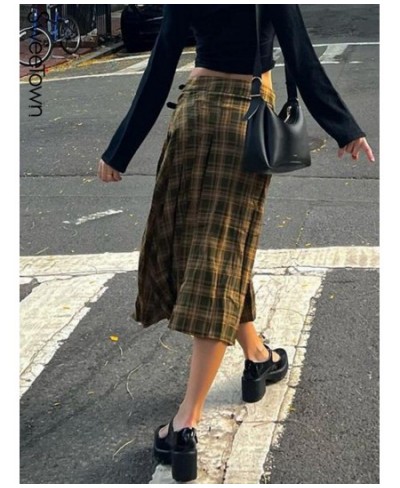 Classical Stripe Plaid A Line Long Skirts For Women Y2K Streetwear Buckle Low Waist Vintage Kawaii Skirt Korean Fashion $46.7...