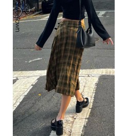 Classical Stripe Plaid A Line Long Skirts For Women Y2K Streetwear Buckle Low Waist Vintage Kawaii Skirt Korean Fashion $46.7...