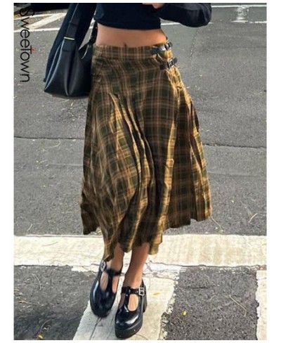 Classical Stripe Plaid A Line Long Skirts For Women Y2K Streetwear Buckle Low Waist Vintage Kawaii Skirt Korean Fashion $46.7...